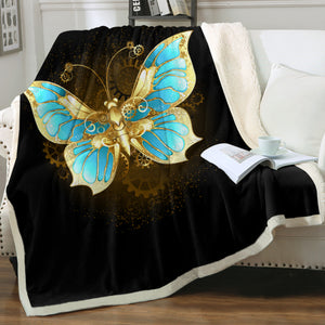Golden Satin Blue Butterfly SWMT4113 Fleece Blanket