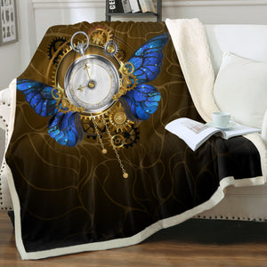 Vintage Golden Clock Blue Butterfly SWMT4122 Fleece Blanket