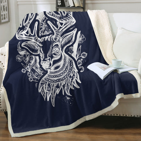 Image of Floral Vintage Deer White Sketch SWMT4233 Fleece Blanket