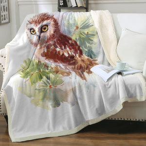 Owl On Tree Watercolor Painting SWMT4397 Fleece Blanket