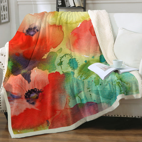 Image of Red Flowers & Green Leaves Watercolor Painting SWMT4398 Fleece Blanket