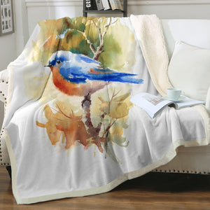 Blue Sparrow White Theme Watercolor Painting SWMT4401 Fleece Blanket