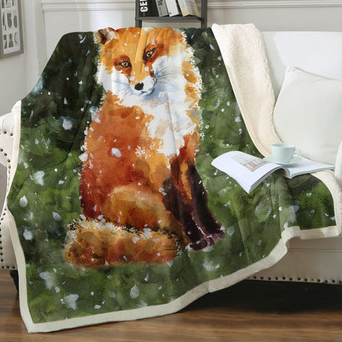 Image of Female Fox In Snow Watercolor Painting SWMT4402 Fleece Blanket