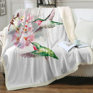 Green Sunbirds Sucking Flowers Watercolor Painting SWMT4408 Fleece Blanket