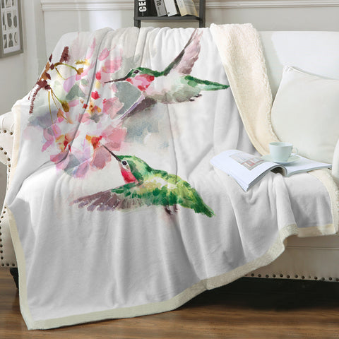 Image of Green Sunbirds Sucking Flowers Watercolor Painting SWMT4408 Fleece Blanket