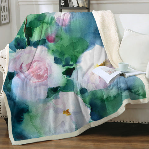 Image of White Flowers & Green Leaves Watercolor Painting SWMT4409 Fleece Blanket