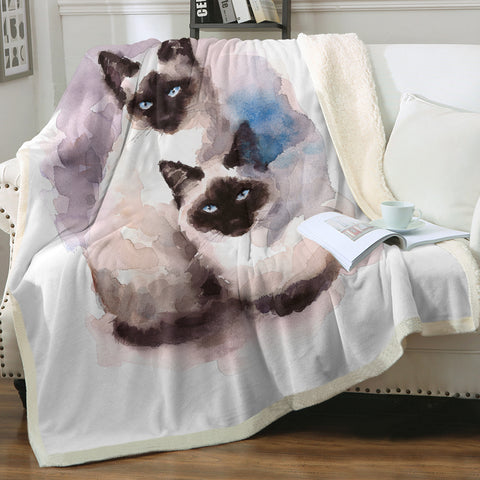 Image of Two Thai Cats Blue & Purple Theme Watercolor Painting SWMT4410 Fleece Blanket