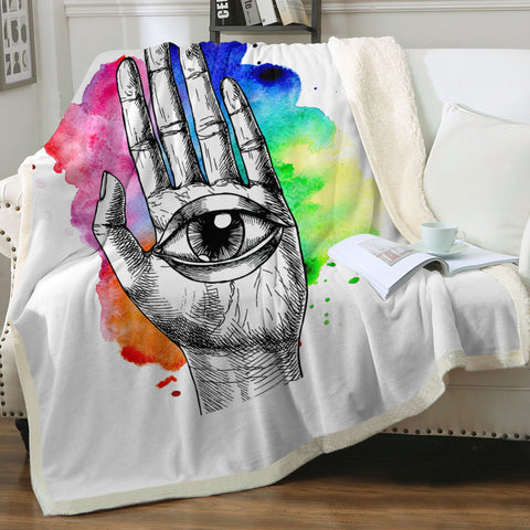 Image of Eye In Hand Sketch Colorful Galaxy Background SWMT4420 Fleece Blanket