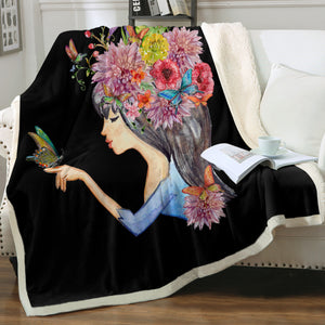 Butterfly Standing On Hand Of Floral Hair Lady SWMT4424 Fleece Blanket