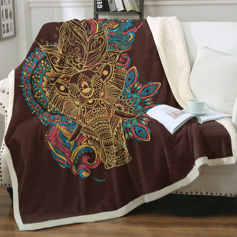 Image of Golden Elephant Buddha Mandala Brown Theme SWMT4425 Fleece Blanket