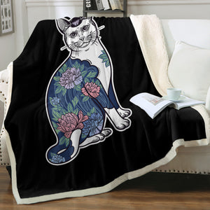 Vintage Floral Navy Cat SWMT4428 Fleece Blanket