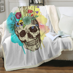 Colorful Flowers On Skull Watercolor Background SWMT4430 Fleece Blanket