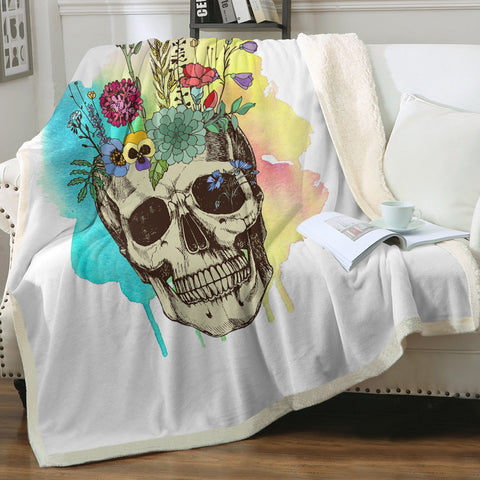 Image of Colorful Flowers On Skull Watercolor Background SWMT4430 Fleece Blanket