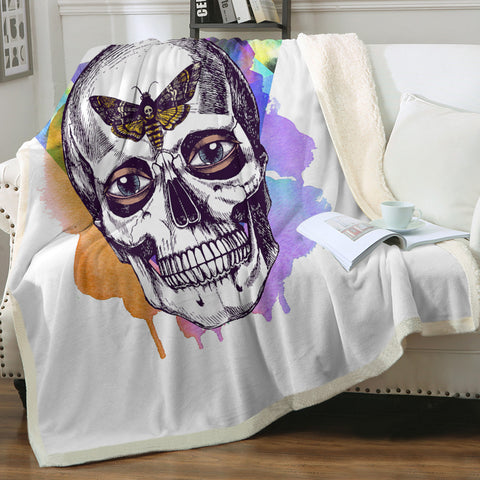 Image of Butterfly Skull Sketch Colorful Watercolor Background SWMT4432 Fleece Blanket