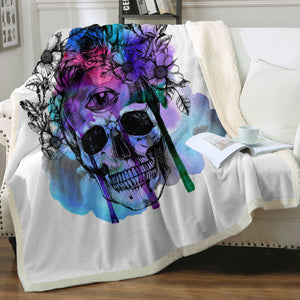 Floral Skull Black Sketch Blue & Pink Watercolor SWMT4433 Fleece Blanket