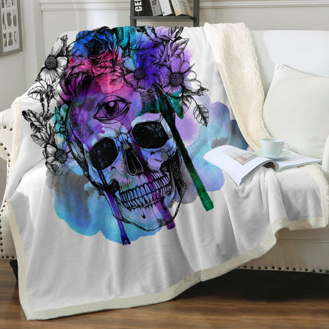 Image of Floral Skull Black Sketch Blue & Pink Watercolor SWMT4433 Fleece Blanket