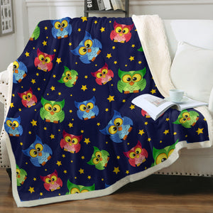 Multi Cute Colorful Owls Night Sky Illustration SWMT4448 Fleece Blanket