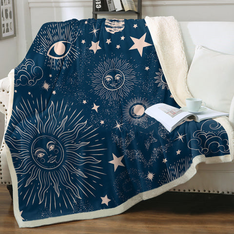 Image of Retro Cream Sun Moon Star Sketch Galaxy Navy Theme SWMT4520 Fleece Blanket