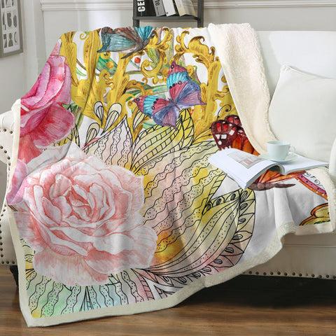 Image of Golden Royal Flowers & Butterflies SWMT4592 Fleece Blanket