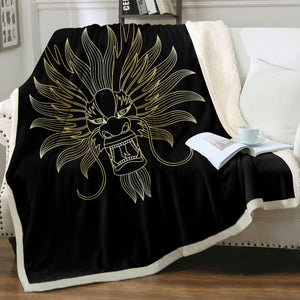 Golden Asian Dragon Head Black Theme SWMT4598 Fleece Blanket