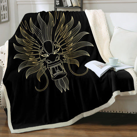 Image of Golden Asian Dragon Head Black Theme SWMT4598 Fleece Blanket