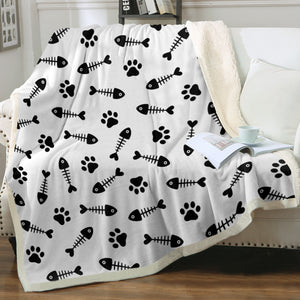 B&W Cute Fish Bone & Dog Footprint Monogram SWMT4595 Fleece Blanket