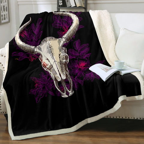 Image of Vintage Dark Purple Floral Buffalo Skull SWMT4733 Fleece Blanket
