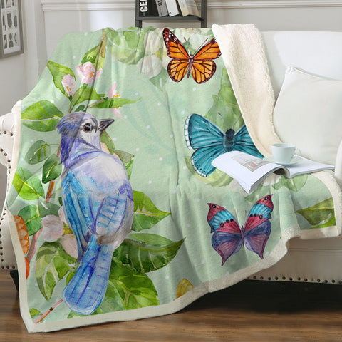 Image of Watercolor Big Blue Sunbird & Colorful Butterflies SWMT4739 Fleece Blanket