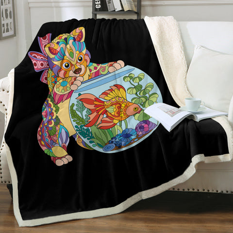 Image of Colorful Geometric Cat & Fishbowl SWMT4743 Fleece Blanket