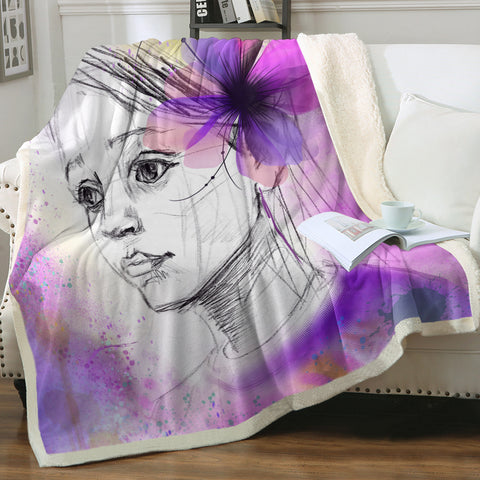 Image of Purple Floral On Lady's Ear Sketch SWMT4752 Fleece Blanket