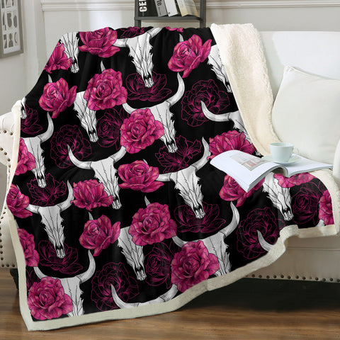 Image of Multi Pink Roses & Buffalo Skull SWMT5186 Fleece Blanket