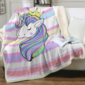 Happy Unicorn Queen Crown Colorful Stripes SWMT5203 Fleece Blanket