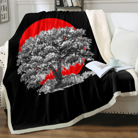 Image of Big Tree Red Sun Japanese Art SWMT5257 Fleece Blanket