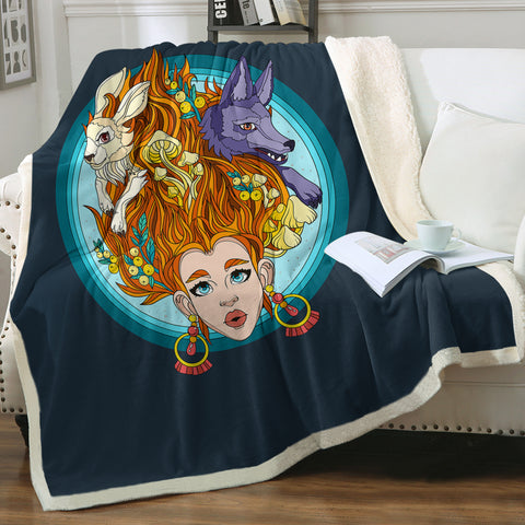 Image of Jungle Lady Rabbit & Wolf Illustration SWMT5337 Fleece Blanket