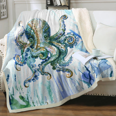 Image of Watercolor Big Octopus Blue & Green Theme SWMT5341 Fleece Blanket