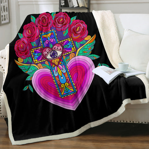 Image of Old School Cross Heart Illustration Pink Color SWMT5356 Fleece Blanket