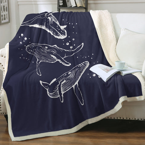 Image of Three Big Whales White Sketch Navy Theme SWMT5450 Fleece Blanket
