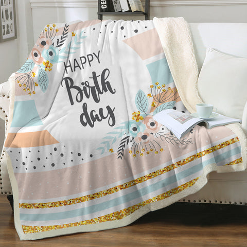 Image of Happy Birthday Floral Pastel Stripes SWMT5596 Fleece Blanket