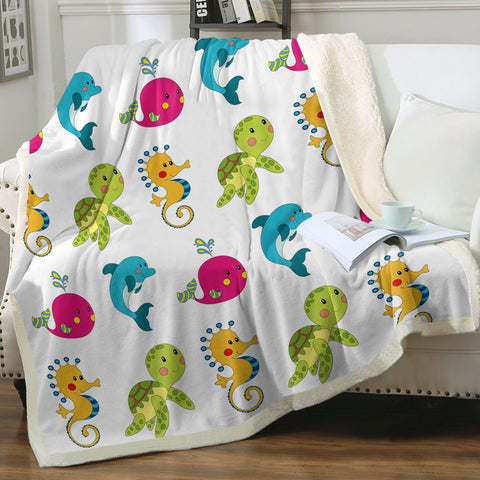 Image of Colorful Cute Tiny Marine Creatures White Theme SWMT6121 Fleece Blanket
