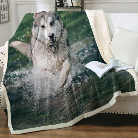 Image of Running White Wolf On River SWMT6136 Fleece Blanket