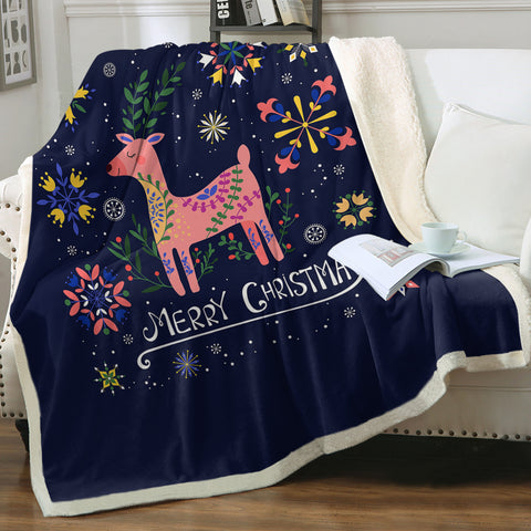 Image of Merry Christmas Pink Floral Reindeer SWMT6203 Fleece Blanket