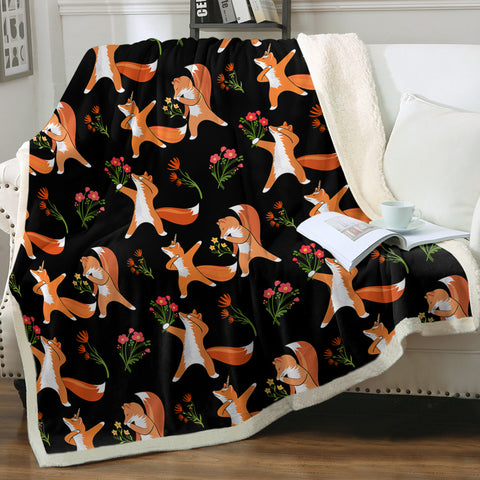 Image of Fox & Flowers Collection Black Theme SWMT6213 Fleece Blanket