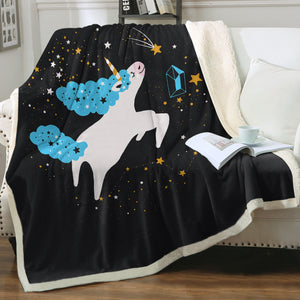 Flying Cute Blue Hair Unicorn In Universe SWMT6222 Fleece Blanket