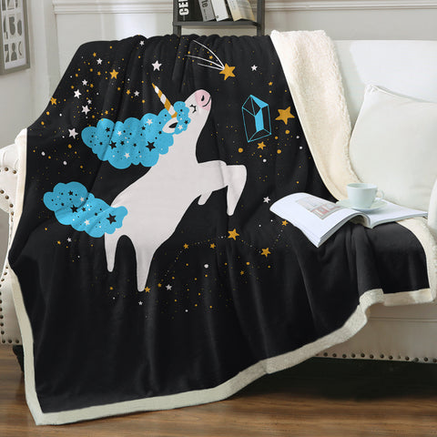 Image of Flying Cute Blue Hair Unicorn In Universe SWMT6222 Fleece Blanket