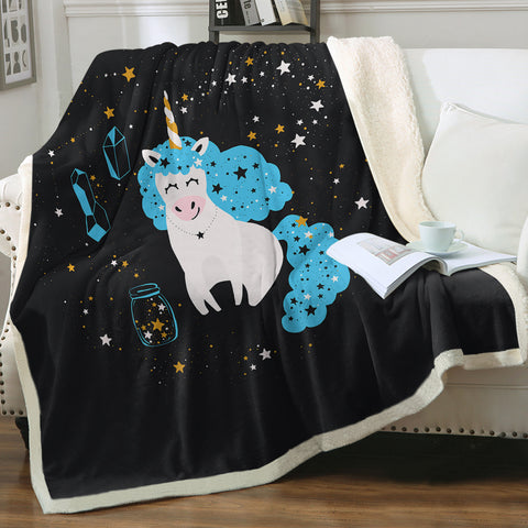 Image of Smiling Blue Hair Unicorn Among Stars SWMT6224 Fleece Blanket