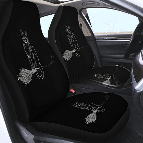 Image of Cat on Flying Broom SWQT3386 Car Seat Covers