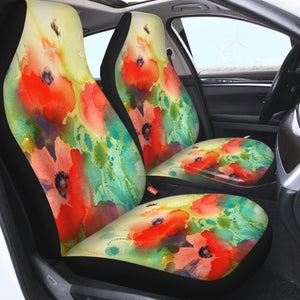 Red Flowers & Green Leaves Watercolor Painting SWQT4398 Car Seat Covers