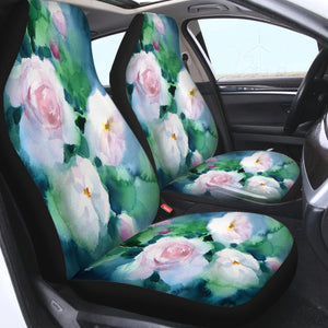 White Flowers & Green Leaves Watercolor Painting SWQT4409 Car Seat Covers