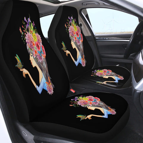 Image of Butterfly Standing On Hand Of Floral Hair Lady SWQT4424 Car Seat Covers