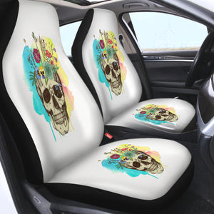 Colorful Flowers On Skull Watercolor Background SWQT4430 Car Seat Covers